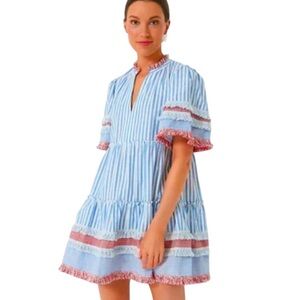 Tuckernuck Blue and White Striped Tiered Mini Dress with Pink Trim
